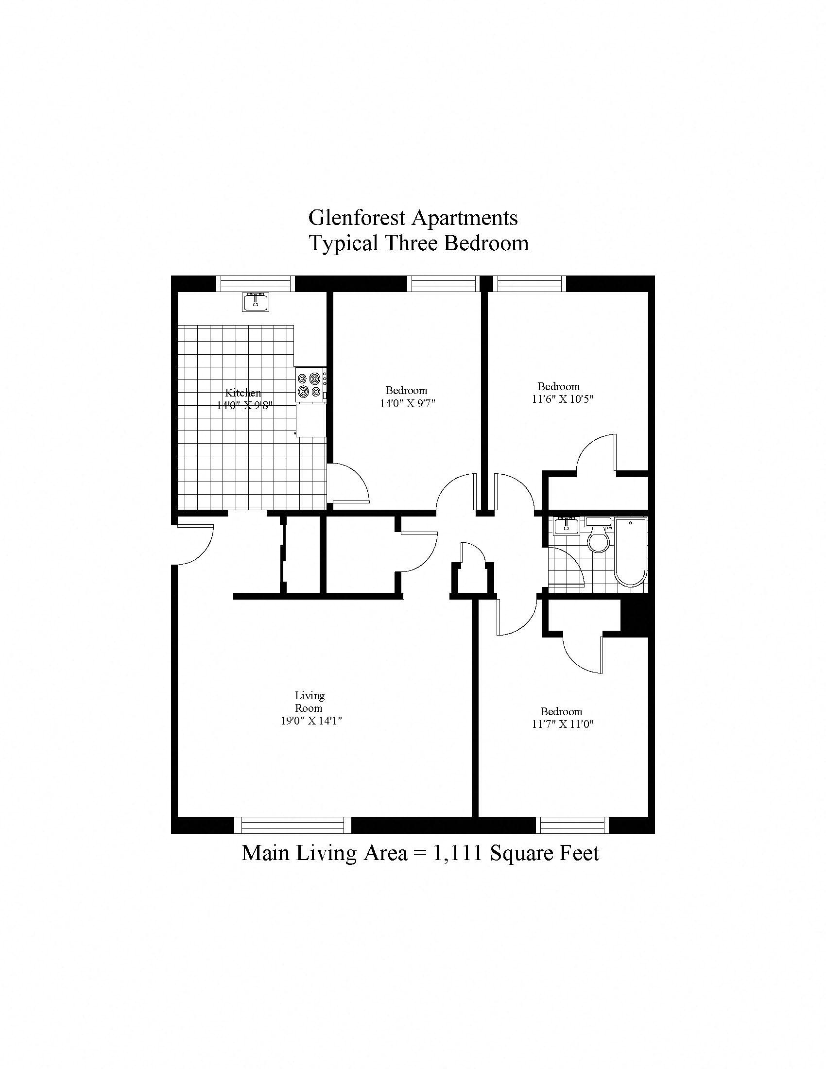 Floor plan for 3 beds, 1 bath, 1111 sqft